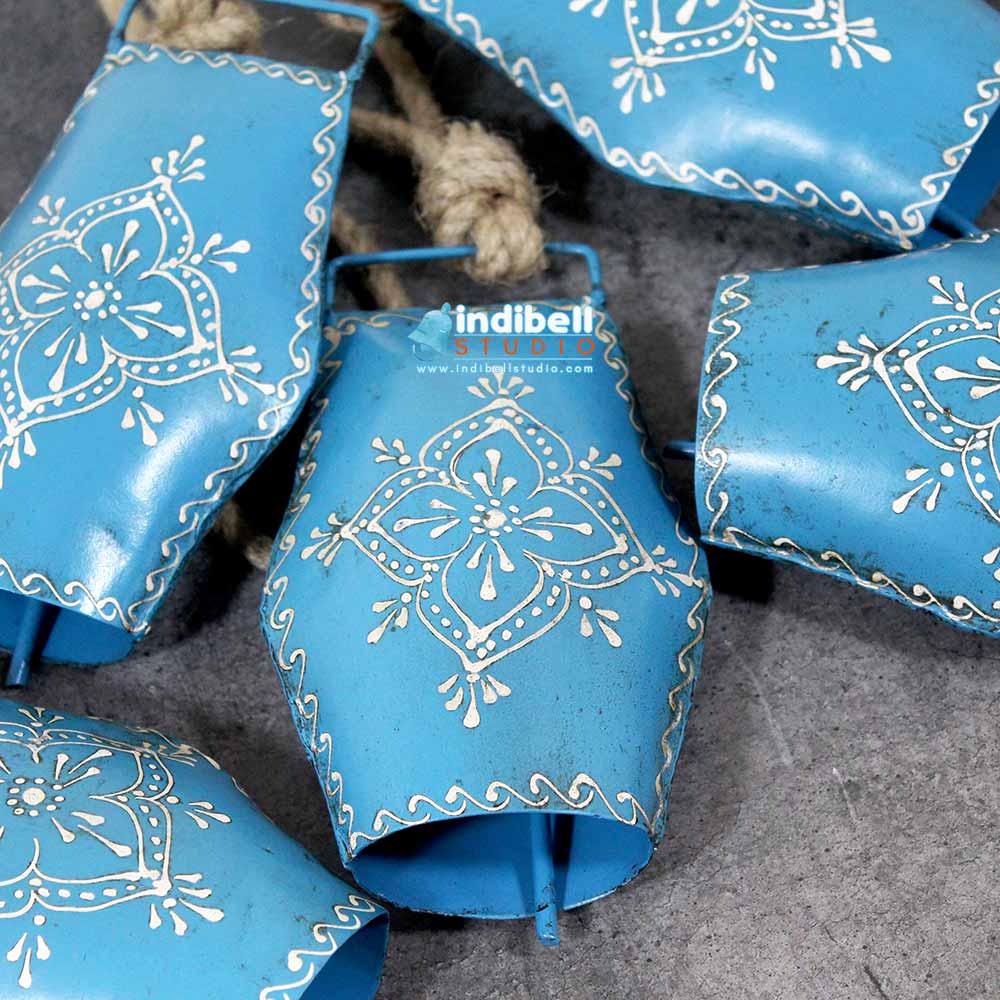 Blue Hand Painted Vintage Bell, Unique Hexagon Decorative Bell