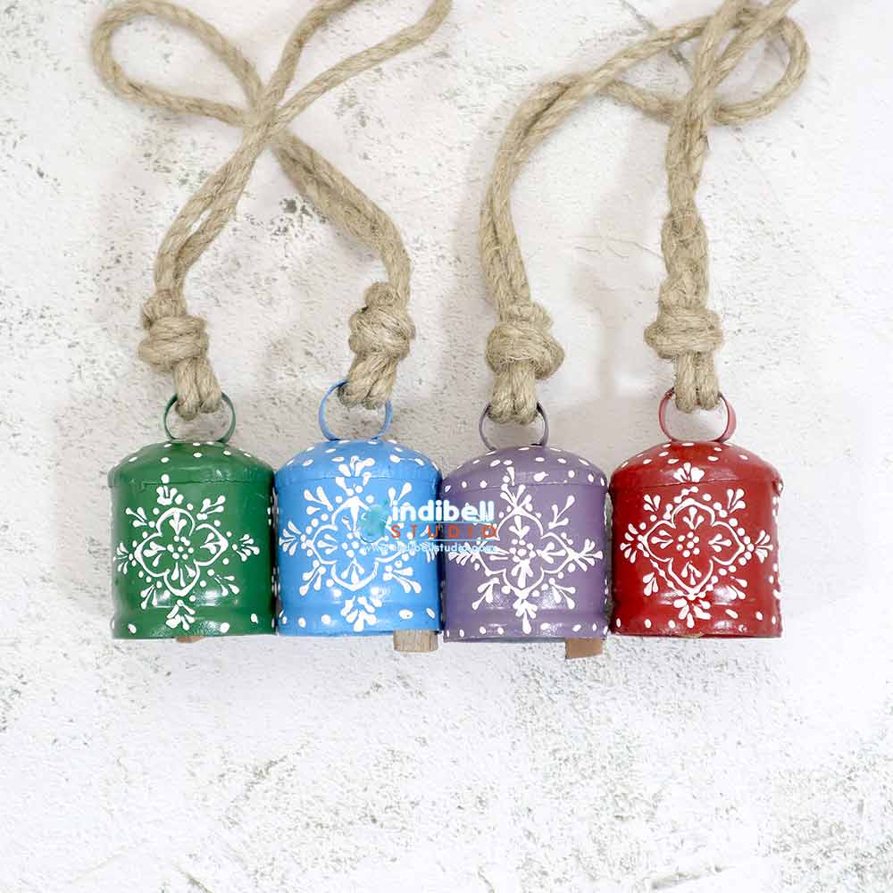Mix Hand Painted Decorative Metal Bells, Four Assorted Colors, Flower