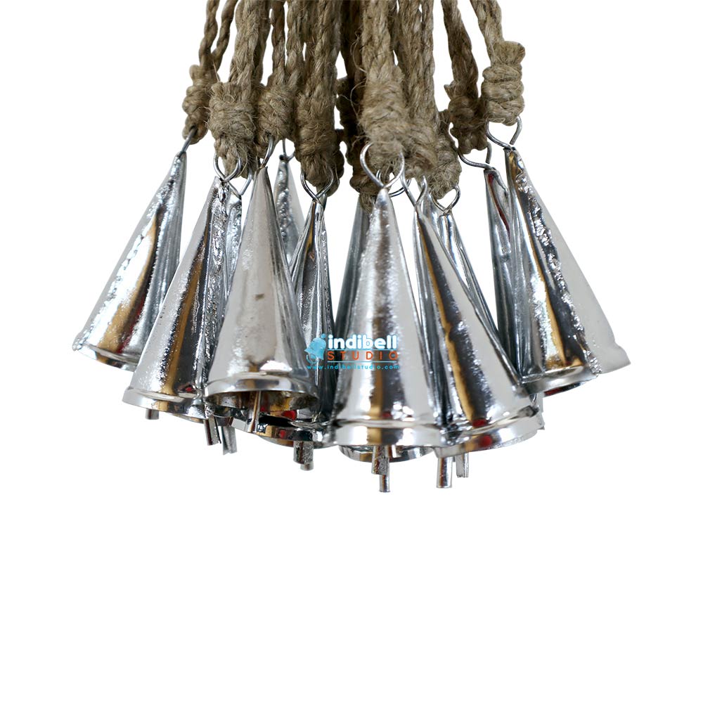 Cone With Roe Festive Decor Silver Hanging Bells Ornaments on Jute Rope, Cone Shape