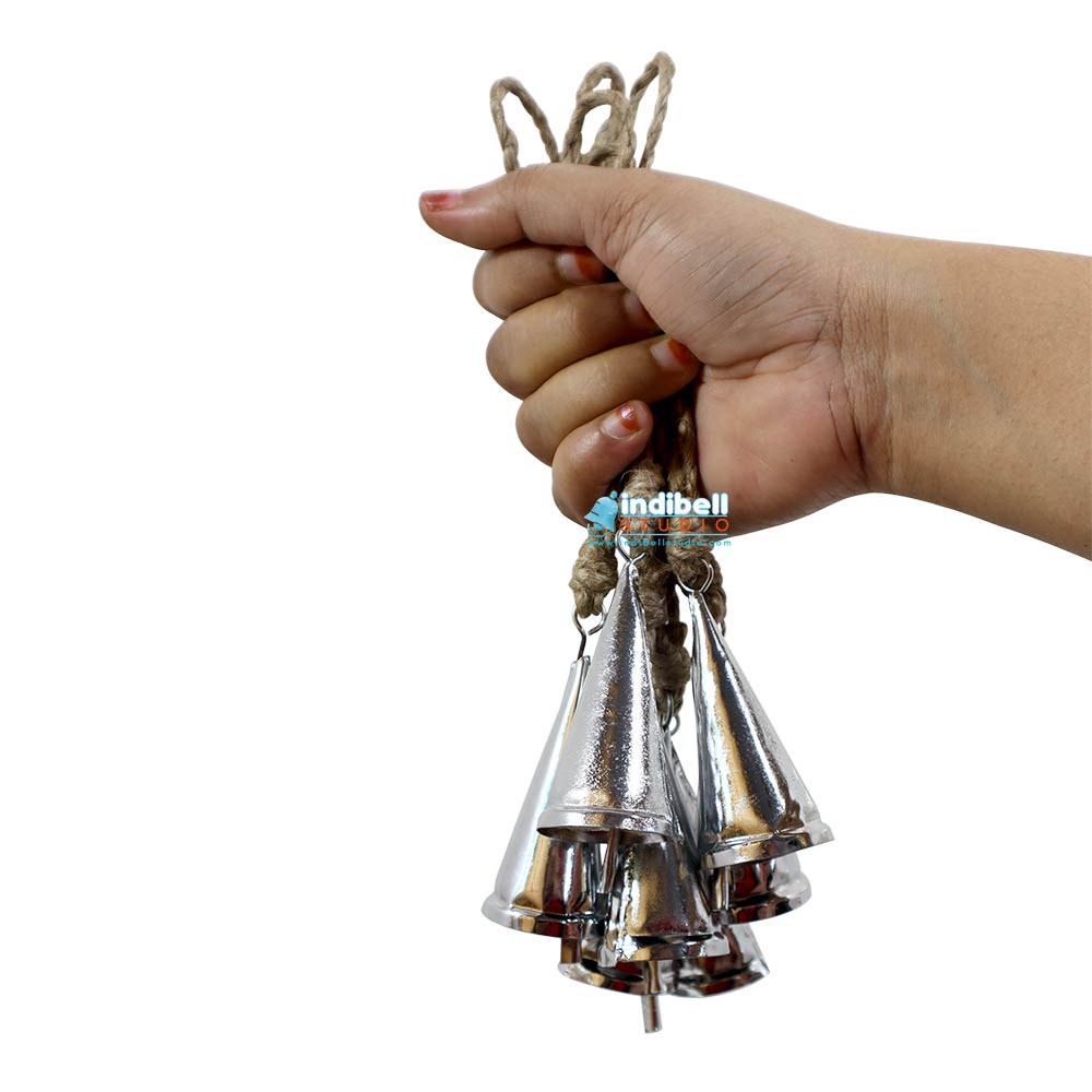 Cone With Roe Festive Decor Silver Hanging Bells Ornaments on Jute Rope, Cone Shape