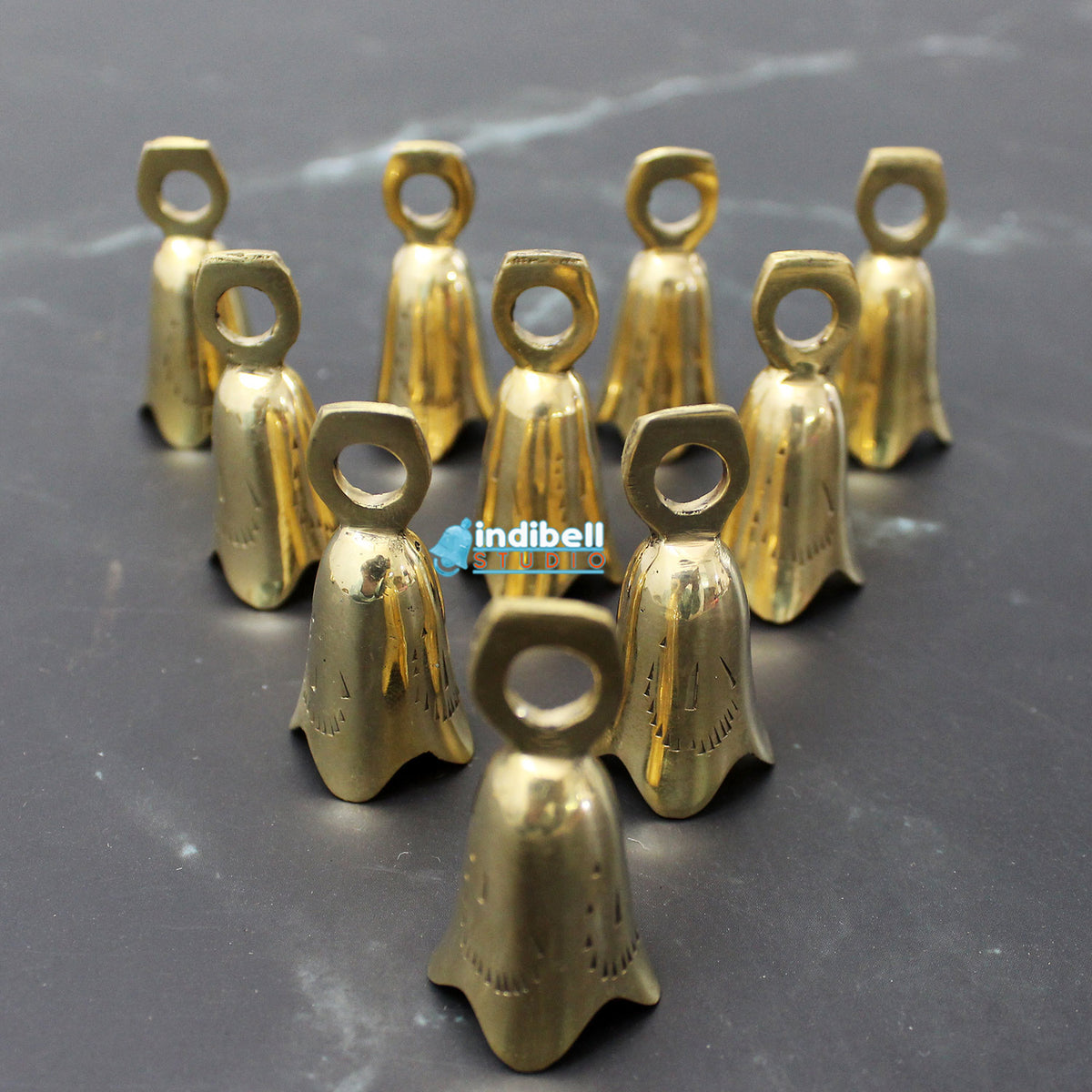 Flower Brass Bells from India, Tall Slim Solid Gold Craft Bells 2 Inch