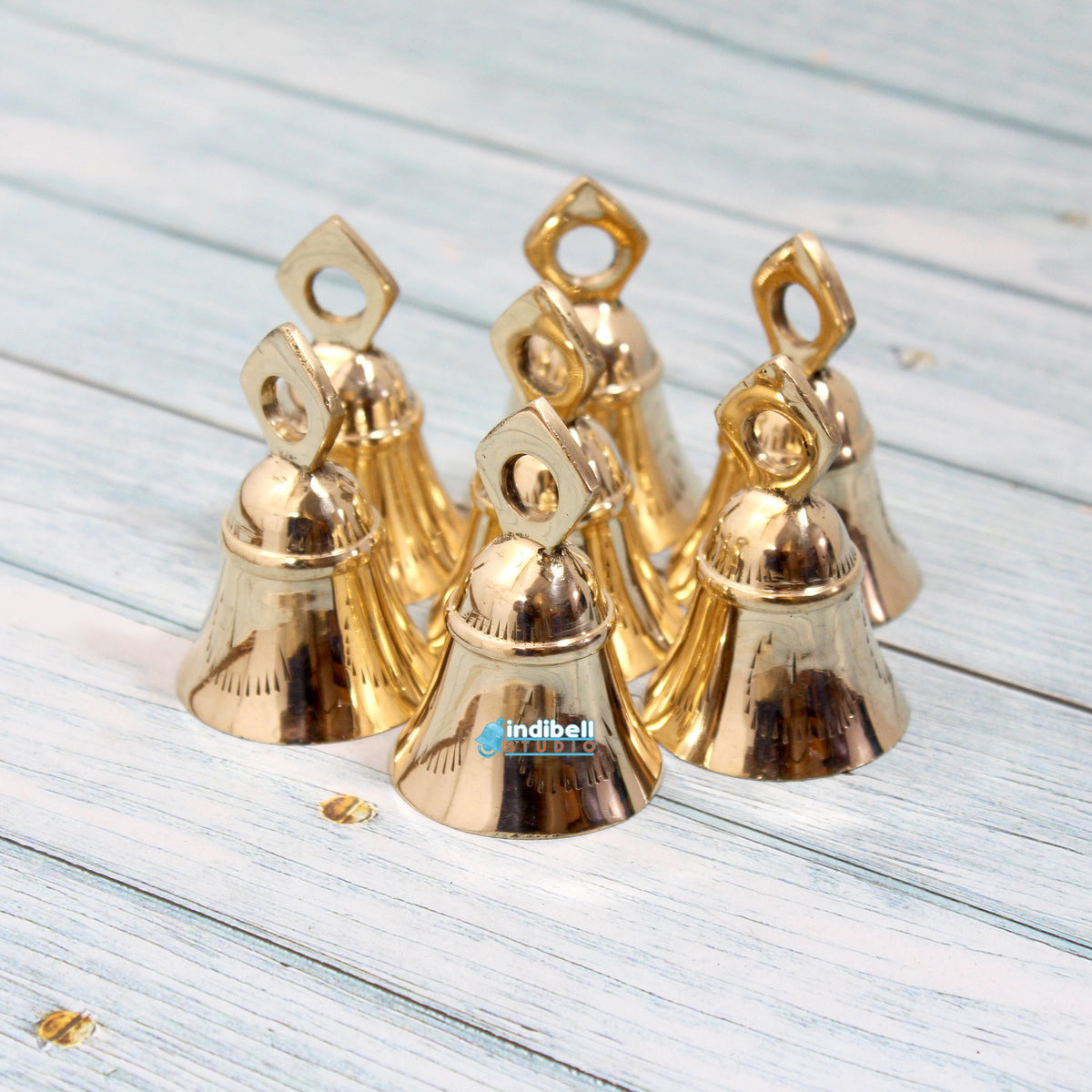 Golden Brass Temple Bells, Banarasi Bells, Pooja Mandir Bells (Pack of 6)